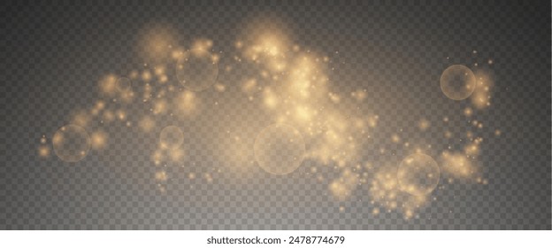 Christmas glowing bokeh confetti light and glitter texture overlay for your design. Festive sparkling gold dust png. Holiday powder dust for cards, invitations, banners, advertising.