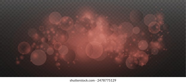 Christmas glowing bokeh confetti light and glitter texture overlay for your design. Festive sparkling red dust png. Holiday powder dust for cards, invitations, banners, advertising.
