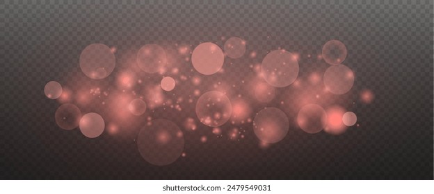 Christmas glowing bokeh confetti light and glitter texture overlay for your design. Festive sparkling red dust png. Holiday powder dust for cards, invitations, banners, advertising.