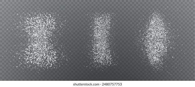 Christmas glowing bokeh confetti light and glitter texture overlay for your design. Frosting effect sugar png, salt and flour for baking, with powder white and isolated on transparent background. 