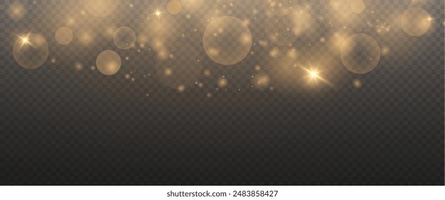 Christmas glowing bokeh confetti light and glitter texture overlay for your design. Festive sparkling gold dust png. Holiday powder dust for cards, invitations, banners, advertising.