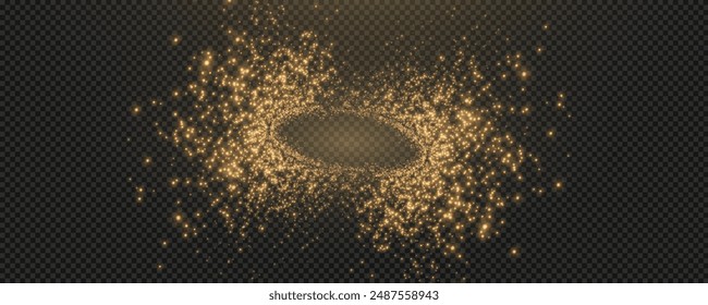 Christmas glowing bokeh confetti light and glitter texture overlay for your design. Festive sparkling gold dust png. Holiday powder dust for cards, invitations, banners, advertising.