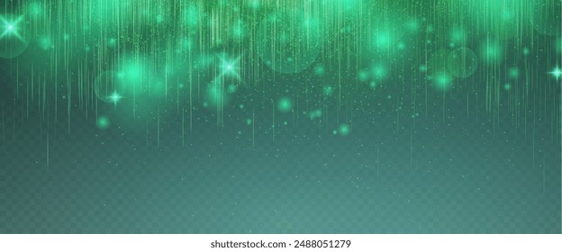 Christmas glowing bokeh confetti light and glitter texture overlay for your design. Festive sparkling green dust png. Holiday powder dust for cards, invitations, banners, advertising.