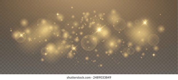 Christmas glowing bokeh confetti light and glitter texture overlay for your design. Festive sparkling gold dust png. Holiday powder dust for cards, invitations, banners, advertising.