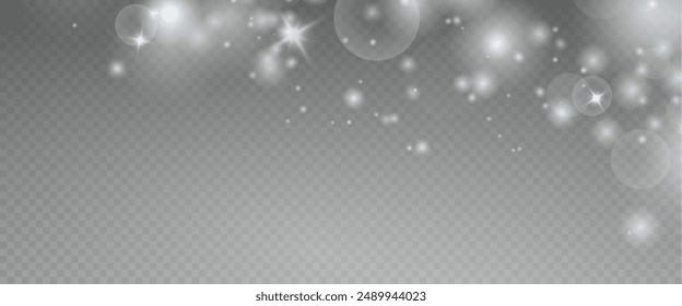 Christmas glowing bokeh confetti light and glitter texture overlay for your design. Festive sparkling white dust png. Holiday powder dust for cards, invitations, banners, advertising.