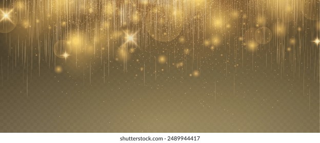 Christmas glowing bokeh confetti light and glitter texture overlay for your design. Festive sparkling gold dust png. Holiday powder dust for cards, invitations, banners, advertising.
