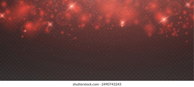 Christmas glowing bokeh confetti light and glitter texture overlay for your design. Festive sparkling red dust png. Holiday powder dust for cards, invitations, banners, advertising.