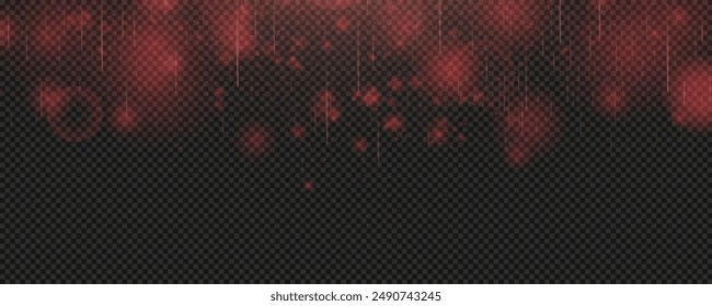 Christmas glowing bokeh confetti light and glitter texture overlay for your design. Festive sparkling red dust png. Holiday powder dust for cards, invitations, banners, advertising.