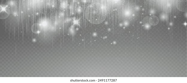 Christmas glowing bokeh confetti light and glitter texture overlay for your design. Festive sparkling white dust png. Holiday powder dust for cards, invitations, banners, advertising.