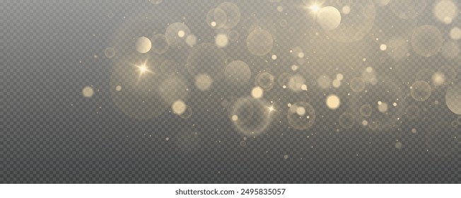 Christmas glowing bokeh confetti light and glitter texture overlay for your design. Festive sparkling gold dust png. Holiday powder dust for cards, invitations, banners, advertising.