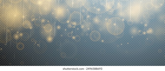 Christmas glowing bokeh confetti light and glitter texture overlay for your design. Festive sparkling gold dust png. Holiday powder dust for cards, invitations, banners, advertising.