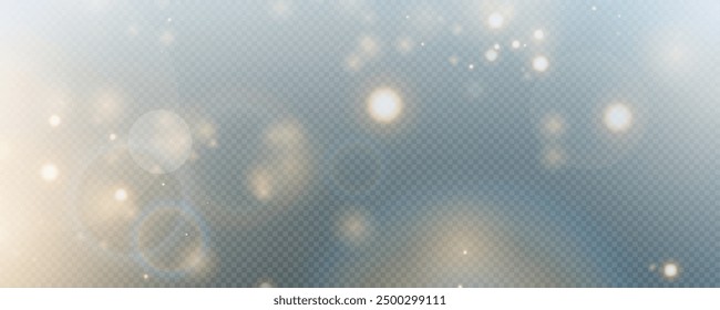 Christmas glowing bokeh confetti light and glitter texture overlay for your design. Festive sparkling gold dust png. Holiday powder dust for cards, invitations, banners, advertising.