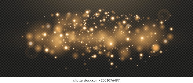 Christmas glowing bokeh confetti light and glitter texture overlay for your design. Festive sparkling gold dust png. Holiday powder dust for cards, invitations, banners, advertising.