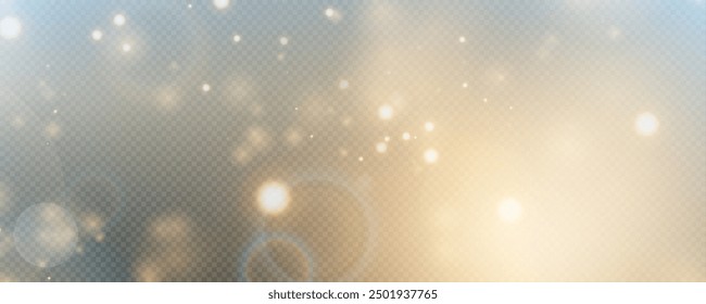 Christmas glowing bokeh confetti light and glitter texture overlay for your design. Festive sparkling gold dust png. Holiday powder dust for cards, invitations, banners, advertising.
