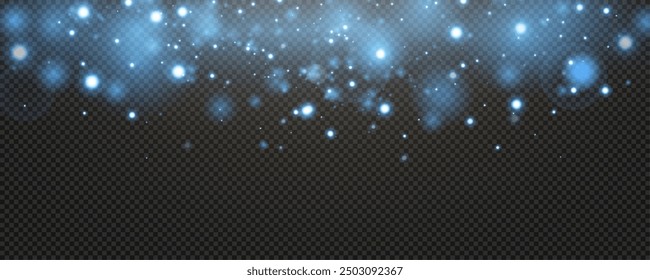 Christmas glowing bokeh confetti light and glitter texture overlay for your design. Festive sparkling blue dust png. Holiday powder dust for cards, invitations, banners, advertising.