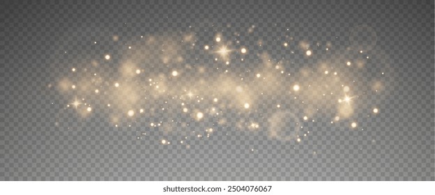 Christmas glowing bokeh confetti light and glitter texture overlay for your design. Festive sparkling gold dust png. Holiday powder dust for cards, invitations, banners, advertising.