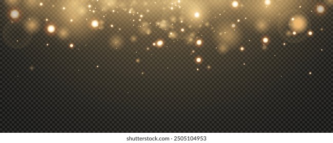 Christmas glowing bokeh confetti light and glitter texture overlay for your design. Festive sparkling gold dust png. Holiday powder dust for cards, invitations, banners, advertising.