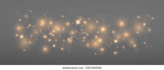 Christmas glowing bokeh confetti light and glitter texture overlay for your design. Festive sparkling gold dust png. Holiday powder dust for cards, invitations, banners, advertising.