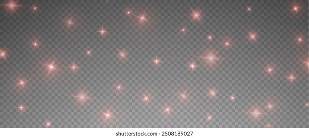 Christmas glowing bokeh confetti light and glitter texture overlay for your design. Festive sparkling red dust png. Holiday powder dust for cards, invitations, banners, advertising.