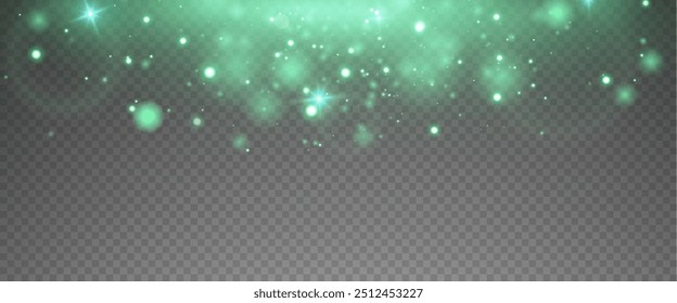 Christmas glowing bokeh confetti light and glitter texture overlay for your design. Festive sparkling green dust png. Holiday powder dust for cards, invitations, banners, advertising.