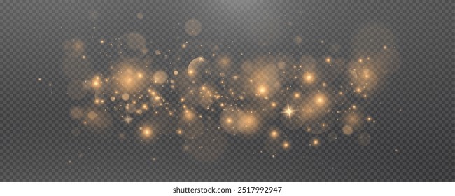 Christmas glowing bokeh confetti light and glitter texture overlay for your design. Festive sparkling gold dust png. Holiday powder dust for cards, invitations, banners, advertising.