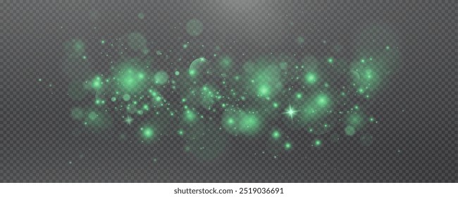 Christmas glowing bokeh confetti light and glitter texture overlay for your design. Festive sparkling green dust png. Holiday powder dust for cards, invitations, banners, advertising.