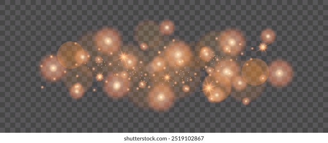 Christmas glowing bokeh confetti light. Festive sparkling gold dust. Holiday powder dust for cards, invitations, banners, advertising. Beautiful yellow flickering glow. Light effect with sparks