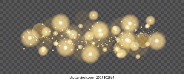 Weihnachten glühende Bokeh Konfetti Licht. Festlicher funkelnder Goldstaub. Glitzerne Textur-Overlay für Ihr Design auf transparentem Hintergrund. Salutes, Feuerwerk. Lichteffekt mit Funken und Glitter.