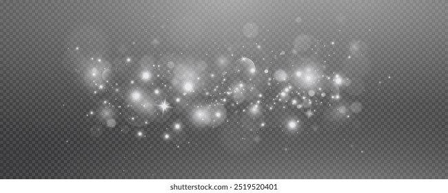 Christmas glowing bokeh confetti light and glitter texture overlay for your design. Festive sparkling white dust png. Holiday powder dust for cards, invitations, banners, advertising.