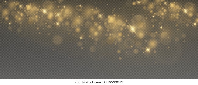 Christmas glowing bokeh confetti light and glitter texture overlay for your design. Festive sparkling gold dust png. Holiday powder dust for cards, invitations, banners, advertising.