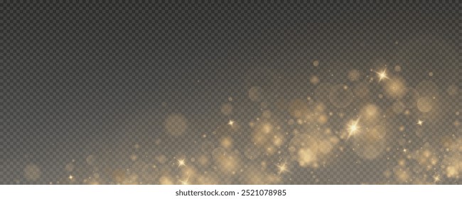 Christmas glowing bokeh confetti light and glitter texture overlay for your design. Festive sparkling gold dust png. Holiday powder dust for cards, invitations, banners, advertising.