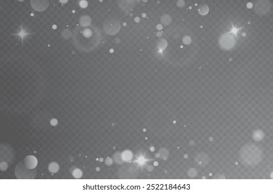 Christmas glowing bokeh confetti light and glitter texture overlay for your design. Festive sparkling white dust png. Holiday powder dust for cards, invitations, banners, advertising.