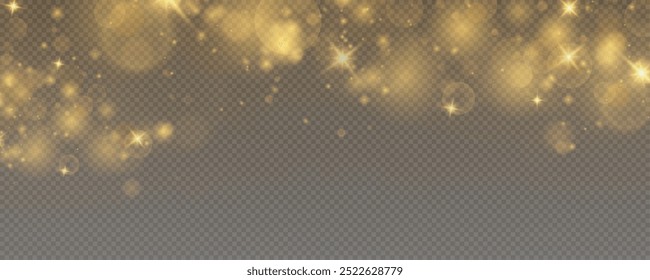 Christmas glowing bokeh confetti light and glitter texture overlay for your design. Festive sparkling gold dust png. Holiday powder dust for cards, invitations, banners, advertising.