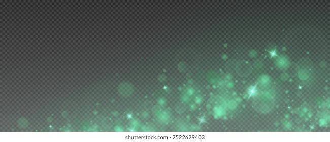 Christmas glowing bokeh confetti light and glitter texture overlay for your design. Festive sparkling green dust png. Holiday powder dust for cards, invitations, banners, advertising.