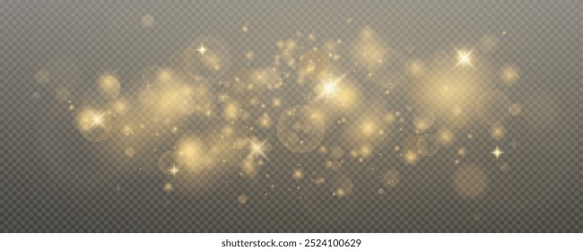 Christmas glowing bokeh confetti light and glitter texture overlay for your design. Festive sparkling gold dust png. Holiday powder dust for cards, invitations, banners, advertising.