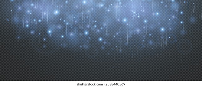 Christmas glowing bokeh confetti light and glitter texture overlay for your design. Festive sparkling blue dust png. Holiday powder dust for cards, invitations, banners, advertising.