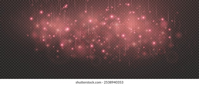 Christmas glowing bokeh confetti light and glitter texture overlay for your design. Festive sparkling red dust png. Holiday powder dust for cards, invitations, banners, advertising.