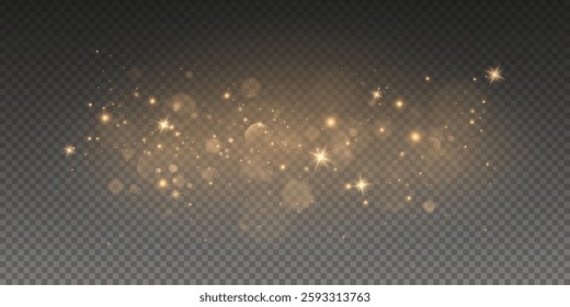 Christmas glowing bokeh confetti light and glitter texture overlay for your design. Festive sparkling gold dust png. Holiday powder dust for cards, invitations, banners, advertising.