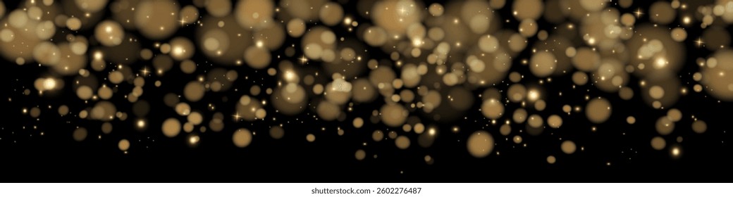 Christmas glowing bokeh confetti light and glitter texture overlay for your design. Holiday powder dust for cards, advertising, invitations, banners. Festive sparkling gold dust