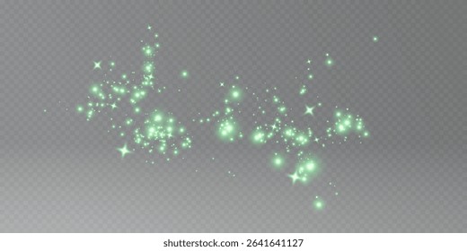 Christmas glowing bokeh confetti light and glitter texture overlay for your design. Festive sparkling green dust png. Holiday powder dust for cards, invitations, banners, advertising.