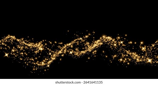 Christmas glowing bokeh confetti light and glitter texture overlay for your design. Festive sparkling gold dust png. Holiday powder dust for cards, invitations, banners, advertising.