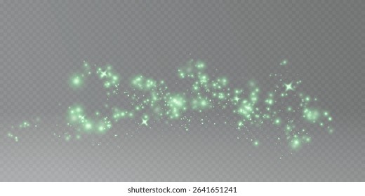 Christmas glowing bokeh confetti light and glitter texture overlay for your design. Festive sparkling green dust png. Holiday powder dust for cards, invitations, banners, advertising.