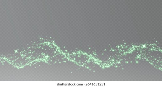 Christmas glowing bokeh confetti light and glitter texture overlay for your design. Festive sparkling green dust png. Holiday powder dust for cards, invitations, banners, advertising.