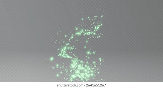 Christmas glowing bokeh confetti light and glitter texture overlay for your design. Festive sparkling green dust png. Holiday powder dust for cards, invitations, banners, advertising.