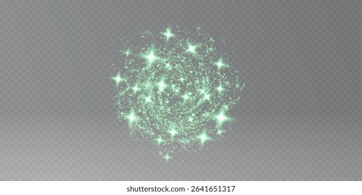 Christmas glowing bokeh confetti light and glitter texture overlay for your design. Festive sparkling green dust png. Holiday powder dust for cards, invitations, banners, advertising.