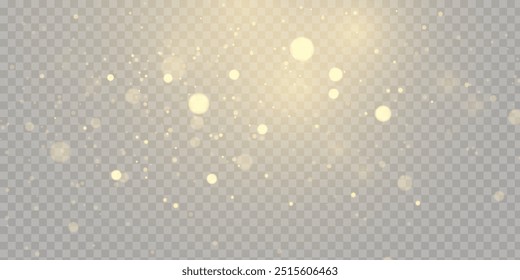 Christmas glowing bokeh and glitter overlay texture for your design on transparent background. Golden particles abstract vector background.