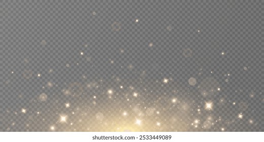 Christmas glowing confetti and sparkle coating. Shimmering dust Golden sparks of dust.  Festive design. Yellow PNG dust light. Bokeh lighting effect background.