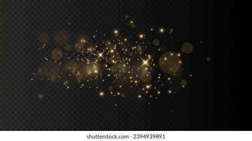 Christmas glowing dust background, the light of gold dust, bokeh light effect background, Yellow flickering glow with confetti bokeh light and particle motion. The dust sparks and golden stars shine.