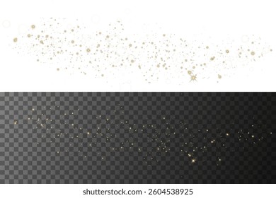 Christmas glowing dust confetti light and glitter texture overlay for your design. Glowing sparks background. Holiday powder dust for cards, invitations, banners, advertising.