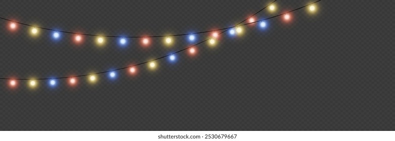 Christmas glowing garland. Light bulb and glare. On a transparent background.	